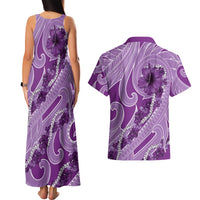 Hawaii Violet Hibiscus Pikake Lei Couples Matching Tank Maxi Dress and Hawaiian Shirt - Polynesian Pride