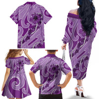 Hawaii Violet Hibiscus Pikake Lei Family Matching Off The Shoulder Long Sleeve Dress and Hawaiian Shirt - Polynesian Pride