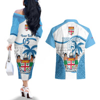 Custom Fiji Rugby Couples Matching Off The Shoulder Long Sleeve Dress and Hawaiian Shirt World Cup 2023 Fijian Tapa Pattern Blue Version LT05 - Polynesian Pride
