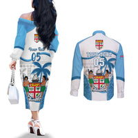 Custom Fiji Rugby Couples Matching Off The Shoulder Long Sleeve Dress and Long Sleeve Button Shirts World Cup 2023 Fijian Tapa Pattern Blue Version LT05 - Polynesian Pride