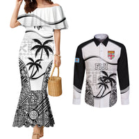 Fiji Rugby Couples Matching Mermaid Dress and Long Sleeve Button Shirts World Cup 2023 Fijian Tapa Pattern Black Version LT05 Black - Polynesian Pride