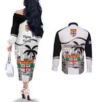 Fiji Rugby Couples Matching Off The Shoulder Long Sleeve Dress and Long Sleeve Button Shirts World Cup 2023 Fijian Tapa Pattern Black Version LT05 - Polynesian Pride