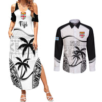 Fiji Rugby Couples Matching Summer Maxi Dress and Long Sleeve Button Shirts World Cup 2023 Fijian Tapa Pattern Black Version LT05 Black - Polynesian Pride