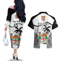 Custom Fiji Rugby Couples Matching Off The Shoulder Long Sleeve Dress and Hawaiian Shirt World Cup 2023 Fijian Tapa Pattern Black Version LT05 - Polynesian Pride