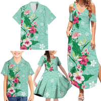Hawaii Tropical Flowers Family Matching Summer Maxi Dress and Hawaiian Shirt Polynesian Tattoo Mint Green