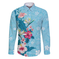 Hawaii Tropical Flowers Family Matching Long Sleeve Bodycon Dress and Hawaiian Shirt Polynesian Tattoo Sky Blue