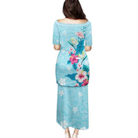 Hawaii Tropical Flowers Family Matching Puletasi and Hawaiian Shirt Polynesian Tattoo Sky Blue