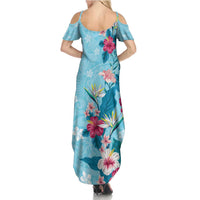 Hawaii Tropical Flowers Family Matching Summer Maxi Dress and Hawaiian Shirt Polynesian Tattoo Sky Blue