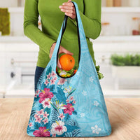 Hawaii Tropical Flowers Grocery Bag Polynesian Tattoo Sky Blue