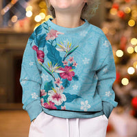 Hawaii Tropical Flowers Kid Ugly Christmas Sweater Polynesian Tattoo Sky Blue
