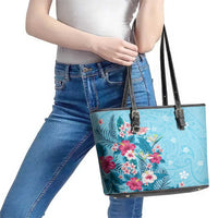 Hawaii Tropical Flowers Leather Tote Bag Polynesian Tattoo Sky Blue