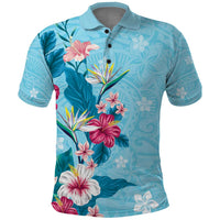 Hawaii Tropical Flowers Polo Shirt Polynesian Tattoo Sky Blue