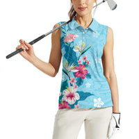 Hawaii Tropical Flowers Women Sleeveless Polo Shirt Polynesian Tattoo Sky Blue LT05 - Polynesian Pride