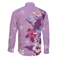 Hawaii Tropical Flowers Family Matching Long Sleeve Bodycon Dress and Hawaiian Shirt Polynesian Tattoo Lavender