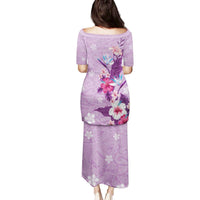 Hawaii Tropical Flowers Family Matching Puletasi and Hawaiian Shirt Polynesian Tattoo Lavender