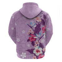 Hawaii Tropical Flowers Zip Hoodie Polynesian Tattoo Lavender