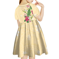 Hawaii Tropical Flowers Kid Short Sleeve Dress Polynesian Tattoo Buttermilk