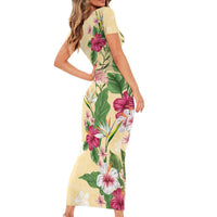 Hawaii Tropical Flowers Short Sleeve Bodycon Dress Polynesian Tattoo Buttermilk