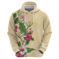 Hawaii Tropical Flowers Zip Hoodie Polynesian Tattoo Buttermilk