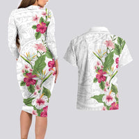 Hawaii Tropical Flowers Couples Matching Long Sleeve Bodycon Dress and Hawaiian Shirt Polynesian Tattoo White