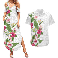 Hawaii Tropical Flowers Couples Matching Summer Maxi Dress and Hawaiian Shirt Polynesian Tattoo White