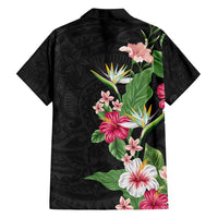 Hawaii Tropical Flowers Family Matching Long Sleeve Bodycon Dress and Hawaiian Shirt Polynesian Tattoo Black