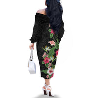 Hawaii Tropical Flowers Family Matching Off The Shoulder Long Sleeve Dress and Hawaiian Shirt Polynesian Tattoo Black