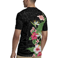 Hawaii Tropical Flowers Rugby Jersey Polynesian Tattoo Black