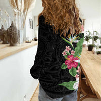 Hawaii Tropical Flowers Women Casual Shirt Polynesian Tattoo Black