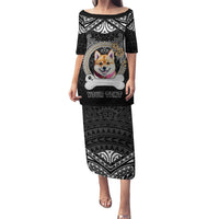 Personalized Shiba Inu Dog Puletasi With Polynesian Heart Name Tags LT05 Long Dress Black - Polynesian Pride