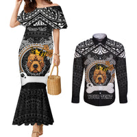 Personalized Pitbull Dog Couples Matching Mermaid Dress and Long Sleeve Button Shirts With Polynesian Heart Name Tags LT05 Black - Polynesian Pride