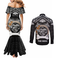 Personalized Pitbull Dog Couples Matching Mermaid Dress and Long Sleeve Button Shirts With Polynesian Heart Name Tags LT05 - Polynesian Pride