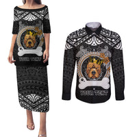 Personalized Pitbull Dog Couples Matching Puletasi Dress and Long Sleeve Button Shirts With Polynesian Heart Name Tags LT05 Black - Polynesian Pride