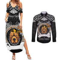Personalized Pitbull Dog Couples Matching Summer Maxi Dress and Long Sleeve Button Shirts With Polynesian Heart Name Tags LT05 Black - Polynesian Pride