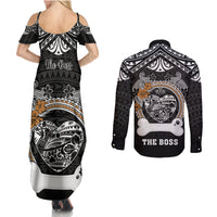 Personalized Pitbull Dog Couples Matching Summer Maxi Dress and Long Sleeve Button Shirts With Polynesian Heart Name Tags LT05 - Polynesian Pride
