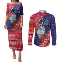 Guam Christmas Couples Matching Puletasi and Long Sleeve Button Shirt Felis Nabidat Guaman Seal With Poinsettia