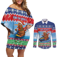 New Zealand Christmas Couples Matching Off Shoulder Short Dress and Long Sleeve Button Shirt Funny Jet Ride Kiwi Xmas - Polynesian Pride