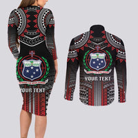 Personalised Samoa Black Saturday Couples Matching Long Sleeve Bodycon Dress and Long Sleeve Button Shirt Samoan Warrior Tribal Pattern