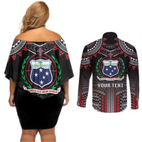 Personalised Samoa Black Saturday Couples Matching Off Shoulder Short Dress and Long Sleeve Button Shirt Samoan Warrior Tribal Pattern