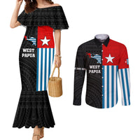 Personalised West Papua Couples Matching Mermaid Dress and Long Sleeve Button Shirt Polynesian Pattern With Coat Of Arms LT05 Blue - Polynesian Pride