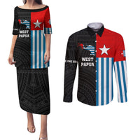 Personalised West Papua Couples Matching Puletasi and Long Sleeve Button Shirt Polynesian Pattern With Coat Of Arms LT05 Blue - Polynesian Pride
