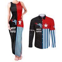Personalised West Papua Couples Matching Tank Maxi Dress and Long Sleeve Button Shirt Polynesian Pattern With Coat Of Arms LT05 Blue - Polynesian Pride