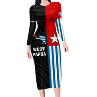 Personalised West Papua Long Sleeve Bodycon Dress Polynesian Pattern With Coat Of Arms LT05 Long Dress Blue - Polynesian Pride