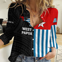 Personalised West Papua Women Casual Shirt Polynesian Pattern With Coat Of Arms LT05 Female Blue - Polynesian Pride