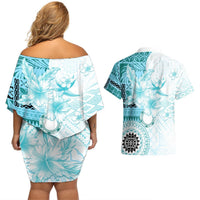 Samoa Siapo Pattern With Teal Hibiscus Couples Matching Off Shoulder Short Dress and Hawaiian Shirt LT05 - Polynesian Pride
