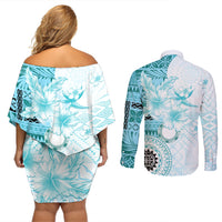 Samoa Siapo Pattern With Teal Hibiscus Couples Matching Off Shoulder Short Dress and Long Sleeve Button Shirt LT05 - Polynesian Pride