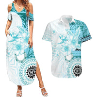 Samoa Siapo Pattern With Teal Hibiscus Couples Matching Summer Maxi Dress and Hawaiian Shirt LT05 Teal - Polynesian Pride