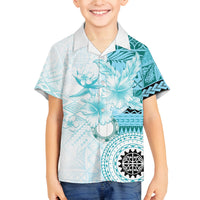 Samoa Siapo Pattern With Teal Hibiscus Family Matching Long Sleeve Bodycon Dress and Hawaiian Shirt LT05 Son's Shirt Teal - Polynesian Pride