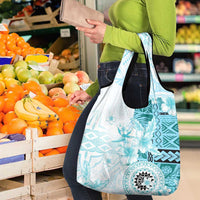 Samoa Siapo Pattern With Teal Hibiscus Grocery Bag