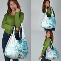 Samoa Siapo Pattern With Teal Hibiscus Grocery Bag